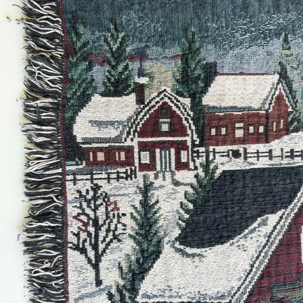 Vintage Christmas Woven Throw Blanket Winter Village Tapestry Fringe 47x53